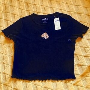 NWT new Hollister embroidered sunflower black ribbed babydoll tee short sleeve S
